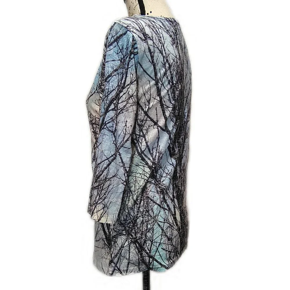 Compliments Y2K Womens Winter Tree Print Top Small Blue Sequin 3/4 Sleeve Fitted - Picture 4 of 5
